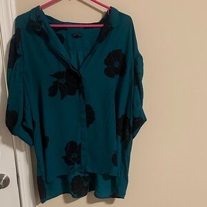 Ann Taylor Teal Floral Button-Front Blouse